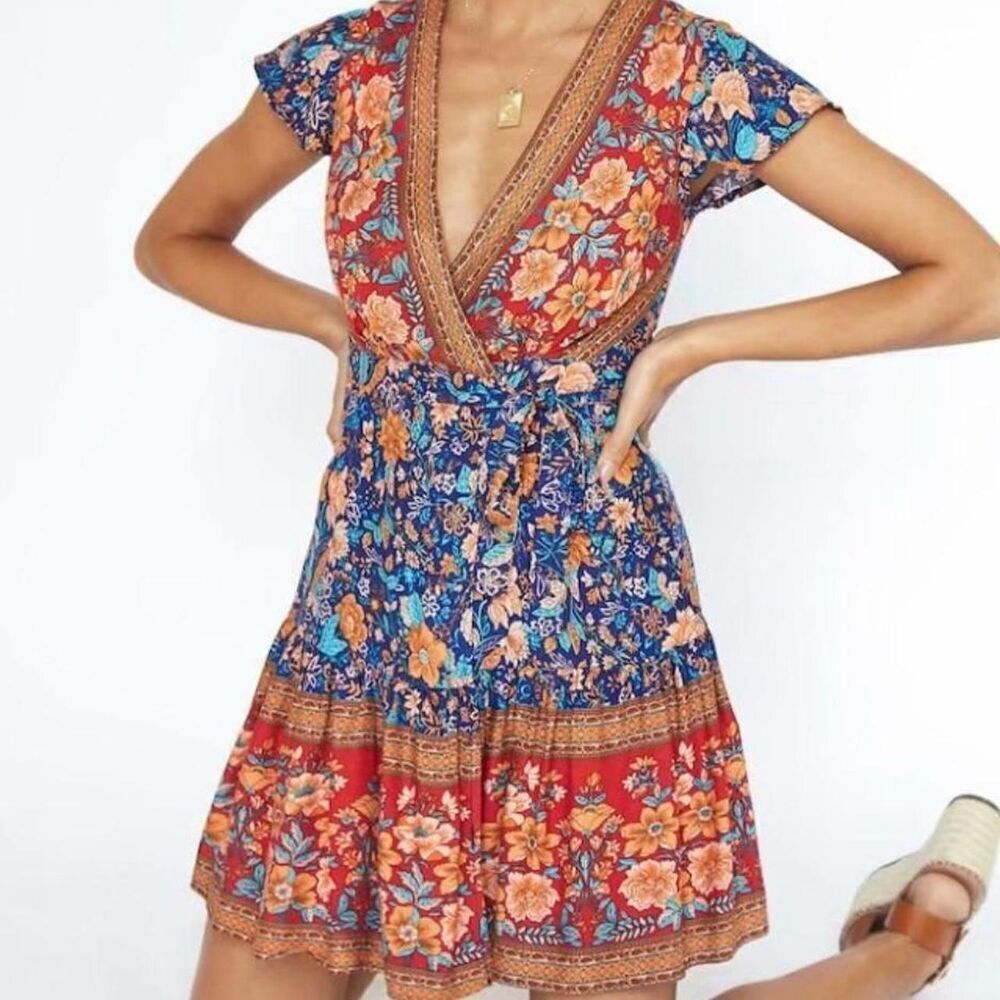 Zesica Women's Floral Short Sleeve Boho Cottage Core Wrap Dress Sz Large